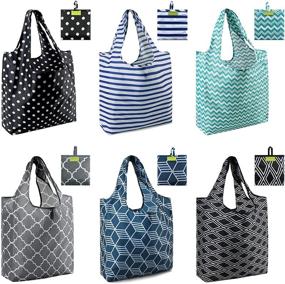 img 4 attached to 🛍️ BeeGreen Shopping Bags: 6 Pack XLarge 50LBS Reusable Grocery Tote Bags - Ripstop Geometric Fashion - Waterproof Nylon - Machine Washable - Black Gray Blue Navy Teal - Bulk Recycling Bags with Pouch - Christmas Ready!