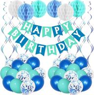 🎉 ouddy blue birthday party decorations for women and girls - happy birthday banner, navy blue and mint green confetti balloons, honeycomb balls, swirls, and streamers - ideal for birthday party decorations and anniversary supplies логотип