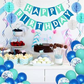 img 1 attached to 🎉 Ouddy Blue Birthday Party Decorations for Women and Girls - Happy Birthday Banner, Navy Blue and Mint Green Confetti Balloons, Honeycomb Balls, Swirls, and Streamers - Ideal for Birthday Party Decorations and Anniversary Supplies