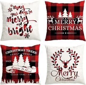 img 4 attached to 🎄 Set of 4 Christmas Decorations Pillow Covers 18x18 Inch - Indoor Outdoor Xmas Decor, Party Supplies - Farmhouse Home Decor Throw Pillow Covers - Buffalo Plaid Christmas - Decorative Cushion Case