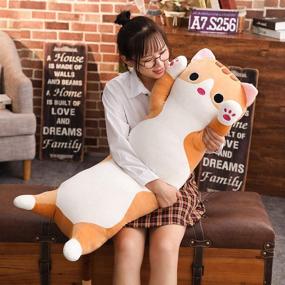 img 1 attached to 🐱 Soft Cat Plush Long Body Pillow, Hugging Kitten Stuffed Animal Toy (Brown, 35.4&#34;)