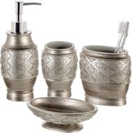 🚽 dublin 4-piece bathroom accessories set - decorative countertop soap dispenser, dish, tumbler, toothbrush holder - resin vanity ensemble set in brushed silver, gift boxed logo