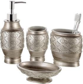 img 4 attached to 🚽 Dublin 4-Piece Bathroom Accessories Set - Decorative Countertop Soap Dispenser, Dish, Tumbler, Toothbrush Holder - Resin Vanity Ensemble Set in Brushed Silver, Gift Boxed