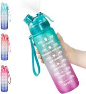 stay hydrated with bottle bottle 32 oz motivational water bottle - time marker & spray mist for office, gym, running & outdoor sports (green purple) logo