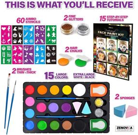 img 3 attached to 🎨 Zenovika Kids Face Paint Kit - 60 Jumbo Stencils, 15 Large Water-Based Paints, 2 Glitters - Halloween Makeup Kit, Professional Face Painting Palette, Safe for Sensitive Skin, Face Painting Book