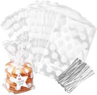 🍪 joersh 100 pack clear cellophane treat bags with ties - perfect for cookies, candy, popcorn - birthday party favor bags with white polka dots pattern logo