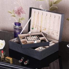 img 3 attached to 📿 Bewishome Jewelry Organizer Box with Removable Tray, 4 Watch Case, Necklace Hooks, and Velvet Lining - Earring Ring Bracelet Display Storage Case for Women Girls - Black PU Leather SSH07B
