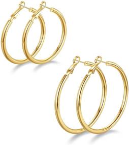 img 4 attached to Stylish and Hypoallergenic 14K Gold Plated Hoop Earrings: ✨ 2 Pairs of Small Chunky Gold Hoops for Girls and Ladies