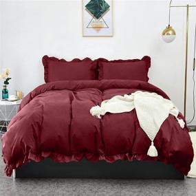 img 4 attached to 🍷 LHKIS Wine Red Farmhouse Duvet Cover Queen - Luxurious Microfiber Comforter Set with Ruffle Bedding - 3 Piece Hotel Style Duvet Cover