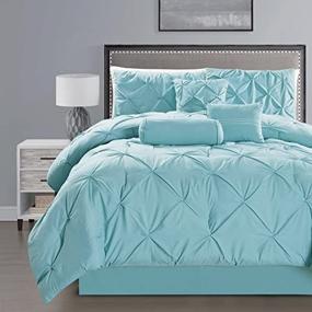 img 3 attached to 🛏️ Premium Double-Needle Stitching Pinch Pleat Solid Light Blue Comforter Set - Cal King Size Bedding by Grand Linen