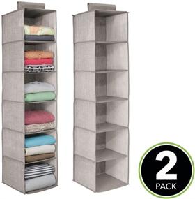 img 3 attached to 🗂️ mDesign Long Soft Fabric Hanging Storage Organizer with 6 Shelves for Clothes, Leggings, Lingerie, T Shirts - Textured Print, Solid Trim - 2 Pack - Linen/Tan