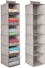 img 4 attached to 🗂️ mDesign Long Soft Fabric Hanging Storage Organizer with 6 Shelves for Clothes, Leggings, Lingerie, T Shirts - Textured Print, Solid Trim - 2 Pack - Linen/Tan