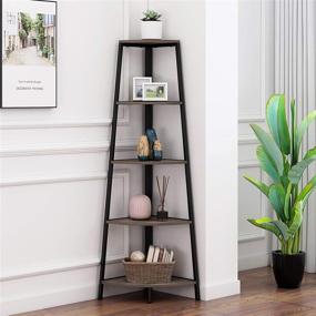 img 4 attached to HOMYSHOPY: Industrial Corner Bookcase with 5 Shelves, A-Shaped Display Storage Rack Shelves in Grey Finish