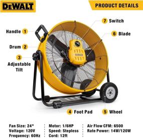 img 1 attached to 🌪️ DEWALT DXF-2490 High-Velocity Industrial Drum Floor and Barn Warehouse Fan – Heavy Duty Air Mover with Adjustable Tilt, Large Wheel, and 24-Inch Size in Vibrant Yellow