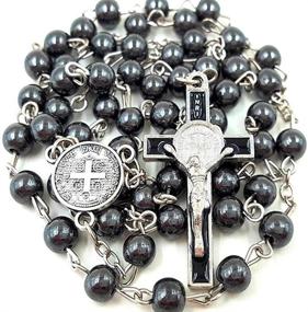 img 1 attached to Religious Necklace: Jesus Cross Coin Pendant with Black Rosary 6mm Bead Chain - Christ Jewelry