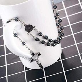 img 2 attached to Religious Necklace: Jesus Cross Coin Pendant with Black Rosary 6mm Bead Chain - Christ Jewelry