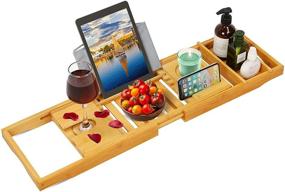 img 4 attached to 🛀 Bamboo Bath Caddy Tray Bathroom Organizer with Adjustable Sides Holder for Books, Glasses, and Towels