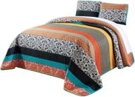 🛏️ grandlinen oversize quilt set: reversible boho decor bedspread coverlet for california cal king size bed - multicolor striped, blue, orange, black, white, grey logo