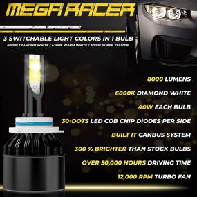 img 1 attached to Transform Your Ride with Mega Racer 9005/HB3/H10/9145 светодиодные лампы для передних фар - 3 изменяющих цвета света (6000K бриллиантово-белый, 3000К золотисто-желтый, 4300К тепло-белый) - высокопроизводительные 50 Вт 8000 люмен COB IP68 - комплект из 2 штук.