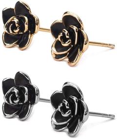img 4 attached to Exquisite 18K Gold Plated Stud Earrings: Black Rose Flower Studs, Hypoallergenic for Women & Teen Girls