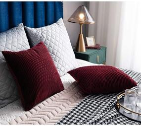 img 1 attached to DEZENE Burgundy Red Throw Pillow Covers - 2 Pack, 18 🛋️ Inch - Original Striped Velvet Square Decorative Pillow Cases for Farmhouse Couch
