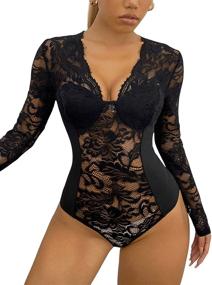 img 4 attached to SweatyRocks Women's Seductive Lace V Neck Clubwear Top with Sheer Mesh & Long Sleeves - Stylish Bodysuit