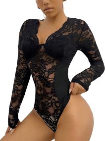 img 2 attached to SweatyRocks Women's Seductive Lace V Neck Clubwear Top with Sheer Mesh & Long Sleeves - Stylish Bodysuit