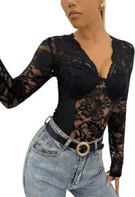 img 1 attached to SweatyRocks Women's Seductive Lace V Neck Clubwear Top with Sheer Mesh & Long Sleeves - Stylish Bodysuit