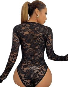 img 3 attached to SweatyRocks Women's Seductive Lace V Neck Clubwear Top with Sheer Mesh & Long Sleeves - Stylish Bodysuit