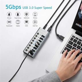 img 2 attached to 💻 Aluminum USB Hub-Grey with 7 USB 3.0 Ports & 1 Smart Charging Port, Individual Switches, 36W Power Adapter, 3.3ft Long Cord - USB Port Expander for Laptops & PC with Extra USB Ports
