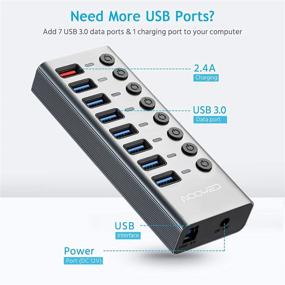 img 3 attached to 💻 Aluminum USB Hub-Grey with 7 USB 3.0 Ports & 1 Smart Charging Port, Individual Switches, 36W Power Adapter, 3.3ft Long Cord - USB Port Expander for Laptops & PC with Extra USB Ports