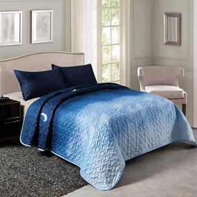 img 4 attached to 🌙 LAMEJOR Galaxy Quilt Set Queen Size: Blue Moon/Star Comforter 3-Piece Bedspread Coverlet Set – Microfiber