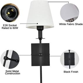 img 2 attached to 🌙 Pauwer Slim Wall Sconce Set of 2 - White Fabric Shade Hardwired Indoor Wall Light for Bedroom, Bathroom Vanity - Black