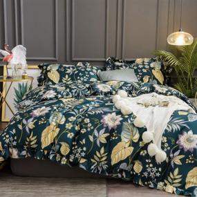 img 4 attached to 🌺 Softta Vintage King Size 3-Piece Quilt Cover Set: Shabby Floral Girls Bedding Set with Luxury Ruffle Design. Exquisite Tropical Palm Leaves in Teal, Purple, and Yellow. Colorful 100% Egyptian Cotton Material with Hidden Zipper Closure