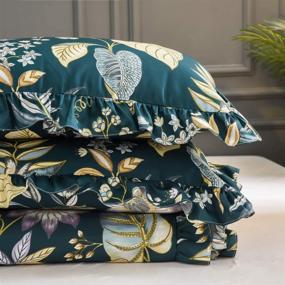 img 3 attached to 🌺 Softta Vintage King Size 3-Piece Quilt Cover Set: Shabby Floral Girls Bedding Set with Luxury Ruffle Design. Exquisite Tropical Palm Leaves in Teal, Purple, and Yellow. Colorful 100% Egyptian Cotton Material with Hidden Zipper Closure