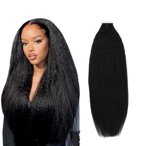 img 4 attached to 👩 YoungSee 18inch Black Kinky Straight Tape in Hair Extensions: Skin Weft Human Hair for Black Women - Real, 20pcs 50g