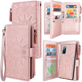 img 4 attached to Harryshell Detachable Magnetic Zipper Wallet Leather Case Cash Pocket With 12 Card Slots Holder Wrist Strap For Samsung Galaxy S20 FE 5G (2020) Floral Flower (Rose Gold)