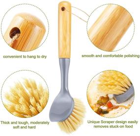 img 2 attached to 🧽 Natural Bamboo Handle Dish Brush with Scraper - Ideal for Skillets, Pans, Kitchen Sink, Bathroom, and Household Cleaning - Long Handle Bristles Scrubbing Brush