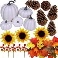 fall decorating kit with winlyn artificial white pumpkins set, pine cones, fall leaves, sunflower heads, and berries for thanksgiving, halloween, and party decor логотип