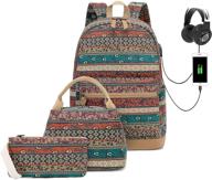 🎒 versatile bohemian waterproof laptop backpack: usb charging port, headphone interface, water resistant, 15.6 inch college school bag with lunch and pencil bags - ideal for women, girls, business, travel logo