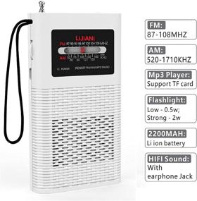 img 3 attached to ⚡ Multi-functional AM FM Portable Pocket Radio MP3 Player with Flashlight: 2200mah Battery, Long Antenna, Best Reception, Transistor Powered Rechargeable 18650, Bass & TF Card - White