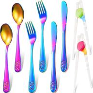🌈 colorful rainbow kids silverware set with stainless steel utensils - 8 piece toddler cutlery kit including 2 knives, 2 forks, 2 spoons, and 2 training chopsticks for home and preschool use logo