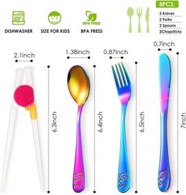 img 3 attached to 🌈 Colorful Rainbow Kids Silverware Set with Stainless Steel Utensils - 8 Piece Toddler Cutlery Kit Including 2 Knives, 2 Forks, 2 Spoons, and 2 Training Chopsticks for Home and Preschool Use