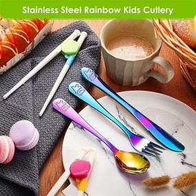 img 1 attached to 🌈 Colorful Rainbow Kids Silverware Set with Stainless Steel Utensils - 8 Piece Toddler Cutlery Kit Including 2 Knives, 2 Forks, 2 Spoons, and 2 Training Chopsticks for Home and Preschool Use