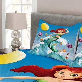 img 2 attached to Ambesonne Mermaid Bedspread: Little Mermaid Illustration on a Big Wave - Decorative Quilted Coverlet Set for Kids, Queen Size, Blue Green