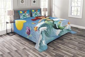 img 3 attached to Ambesonne Mermaid Bedspread: Little Mermaid Illustration on a Big Wave - Decorative Quilted Coverlet Set for Kids, Queen Size, Blue Green