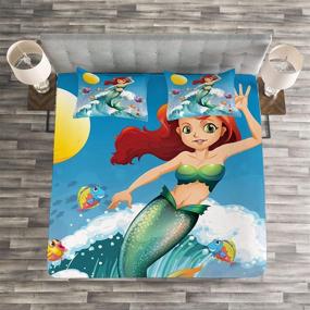 img 1 attached to Ambesonne Mermaid Bedspread: Little Mermaid Illustration on a Big Wave - Decorative Quilted Coverlet Set for Kids, Queen Size, Blue Green