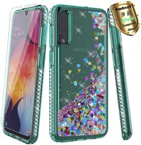 img 4 attached to 💎 YmhxcY Galaxy A50 Case with Tempered Glass Screen Protector [2 Pack], Glitter Liquid Waterfall Flowing Sparkle Shiny Diamond Girls Cute Phone Case for Samsung Galaxy A50 2019 6.4"-AX Teal