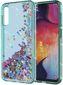 img 3 attached to 💎 YmhxcY Galaxy A50 Case with Tempered Glass Screen Protector [2 Pack], Glitter Liquid Waterfall Flowing Sparkle Shiny Diamond Girls Cute Phone Case for Samsung Galaxy A50 2019 6.4"-AX Teal