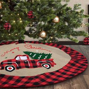 img 4 attached to 🎄 Yuboo Vintage Truck Burlap Christmas Tree Skirt: 48 Inches Large with Plaid Buffalo Border and Embroidered Red Truck Rug - Perfect Fall Xmas Décor